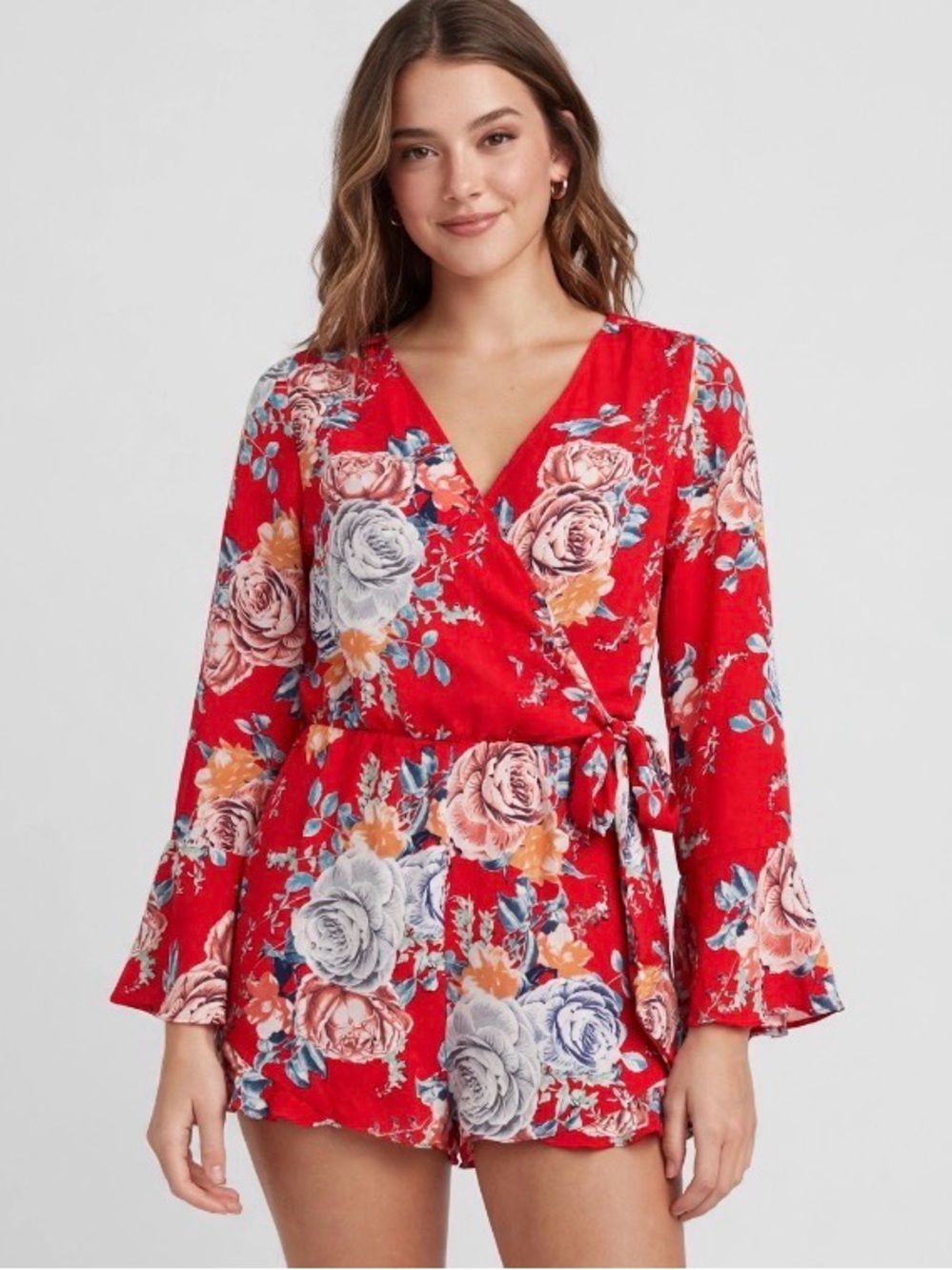entro Red Floral Long-Sleeve Romper